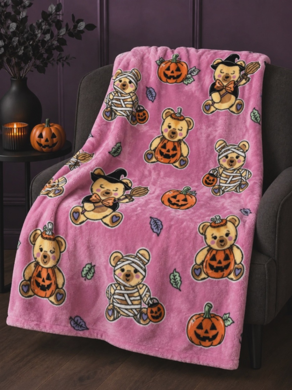 Betsey Johnson Halloween Teddy Bear Plush Throw Blanket Pink 50x70 Pumpkin Witch